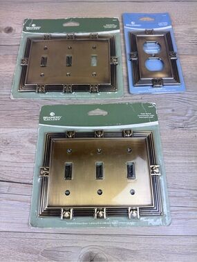 VTG BRAINERD GALLERY ornate antique brass triple switch plates & outlet cover